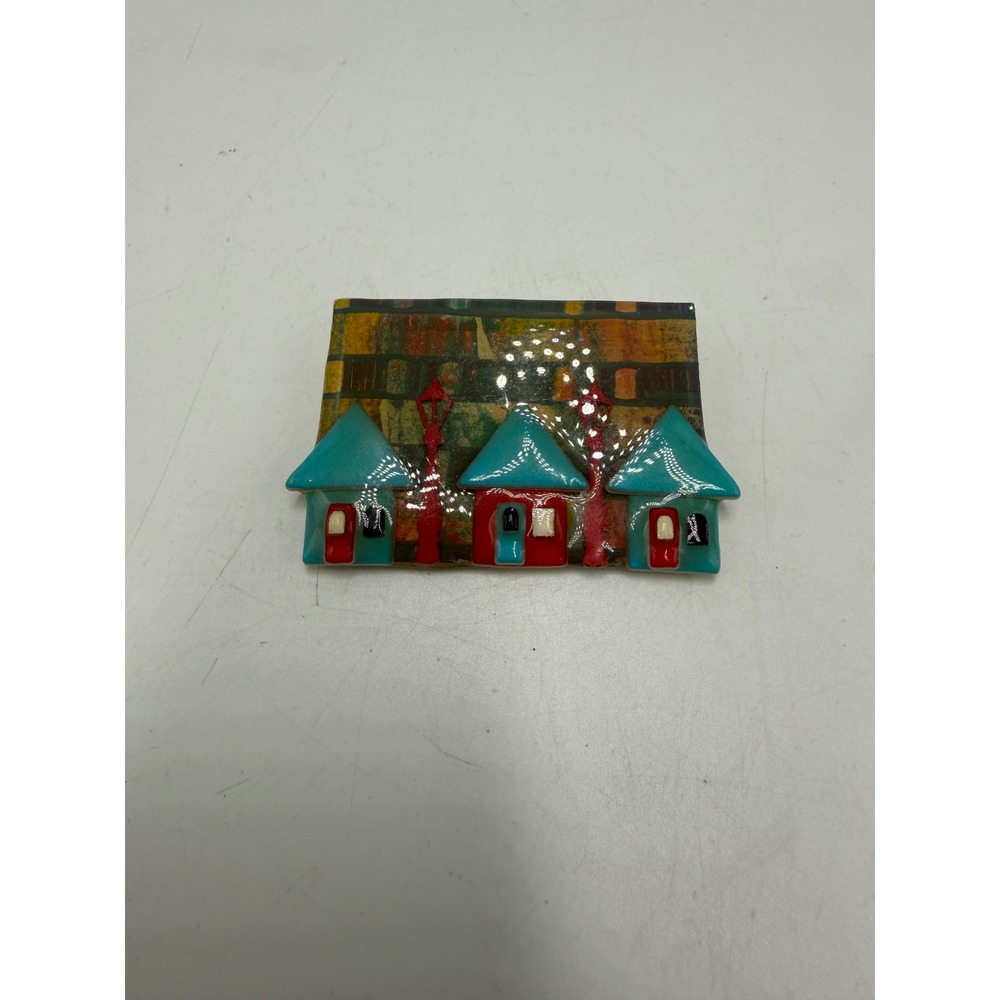 Lucinda House Pins Vintage Resin Brooch Teal Red Houses Street Scene Folk Art